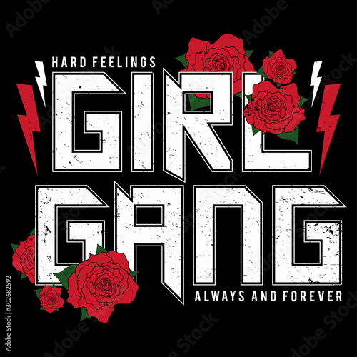 Girl Gang Power - fashion patch or badge. Embroidery Rose with Leaves for rock girl gang. T-shirt apparels print for girls with slogan. Vector sticker, pin or patches in vintage punk style.