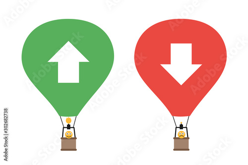 Hot air balloon is ascending and descending in the air during flight. Vector illustration isolated on white.