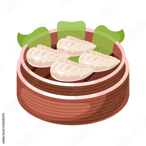 Chinese dim sum color icon. Asian small bite dish in basket. Eastern traditional cuisine. Steamed pies with different fillings. Dumpling with meat, vegetables, spices. Isolated vector illustration