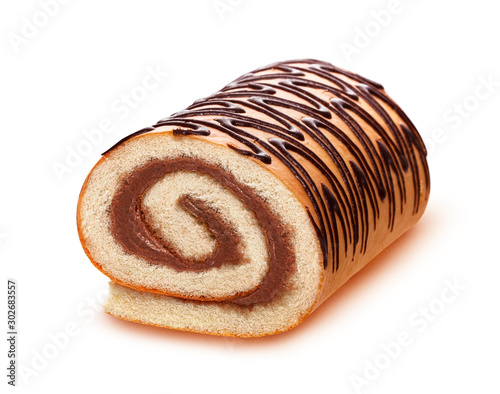 Tablou canvas Sponge cake roll isolated on white background, swiss roll with chocolate cream