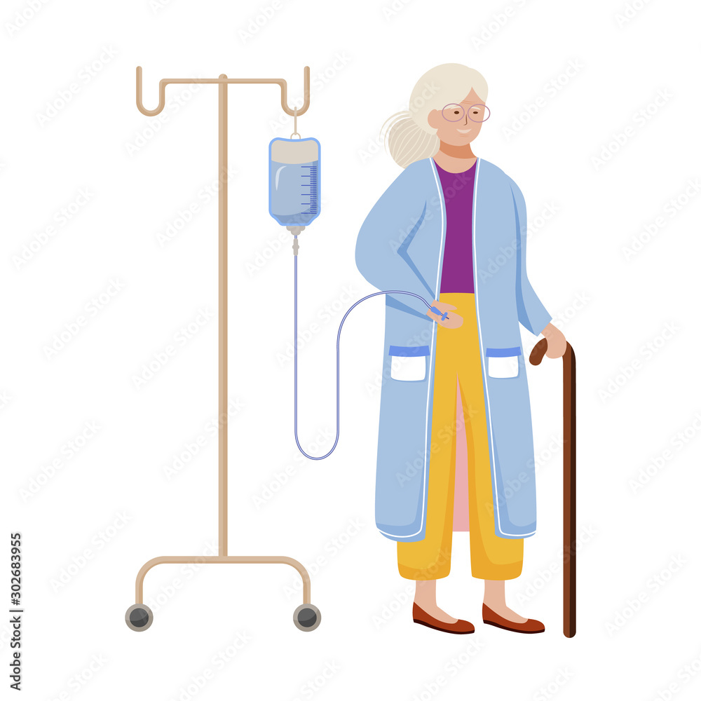 Old lady with medical infusion flat vector illustration. Aged woman with walking cane, hospital patient isolated cartoon character on white background. Healthcare industry, nursing home design element Old lady with medical infusion flat vector illustration. Aged woman with walking cane, hospital patient isolated cartoon character on white background. Healthcare industry, nursing home design element