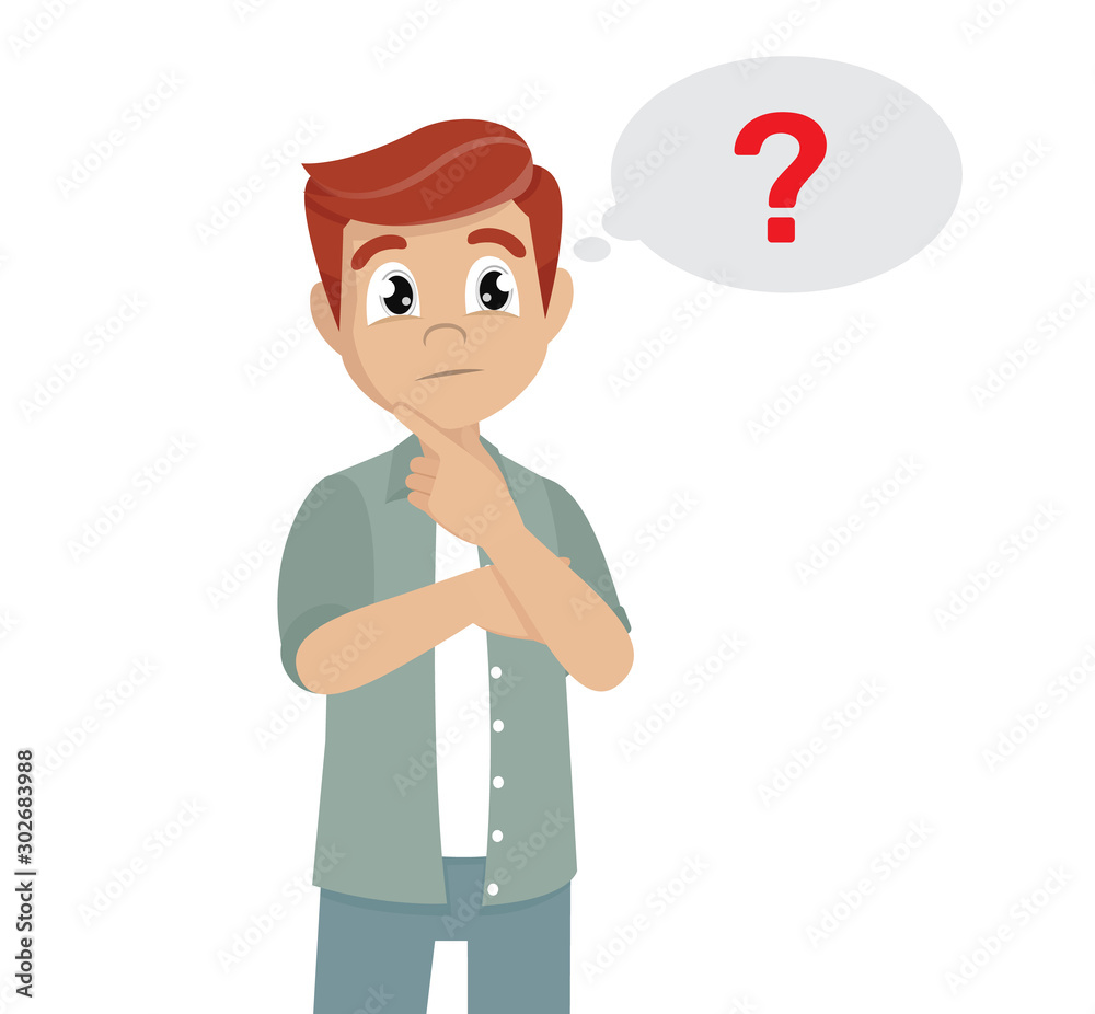 Cartoon character Poses, Man thinking. Question mark icon in thought bubble. Emotion and body language concept. Cartoon character Poses, Man thinking. Question mark icon in thought bubble. Emotion and body language concept.