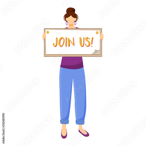 Public agitation flat vector illustration. Selfless activist isolated cartoon characters on white background. Young volunteer holding join us placard. Community service works design element