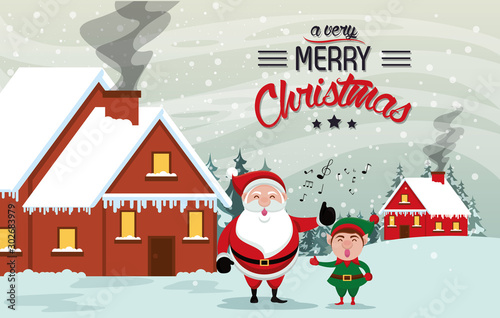 happy merry christmas card with santa claus and helpers