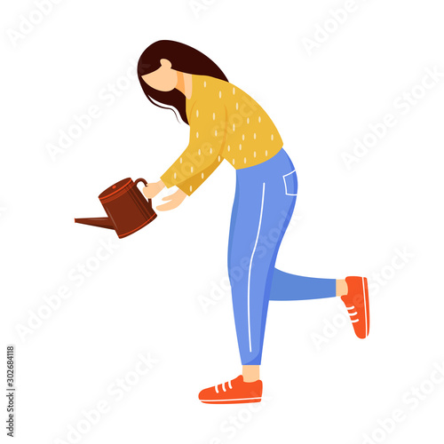 Girl holding watering can flat vector illustration. Young gardener, flower shop worker, florist isolated cartoon character on white background. Plant growing, gardening hobby design element