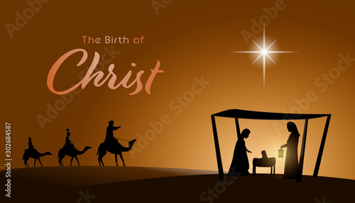 Christmas time. Manger with baby Jesus, Mary, Joseph and star of Bethlehem. Text : The Birth of Christ
