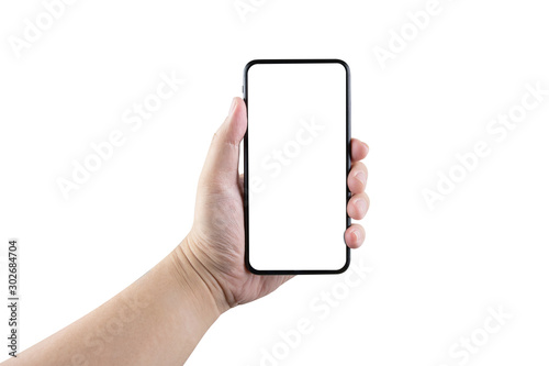  Man hand holding the smartphone full screen with blank screen . isolated on white background.