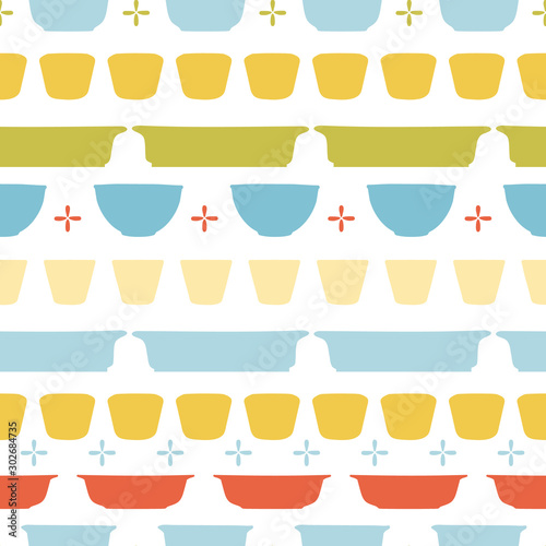 Retro geometric kitchen utensil pattern. Seamless vector background. Colorful vintage kitchen bowl on white backgroud. For fabric, wallpaper, packaging, Decorative print. Vintage kitchen background.