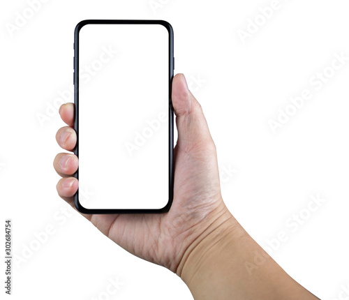 hand holding smart phone isolated on white