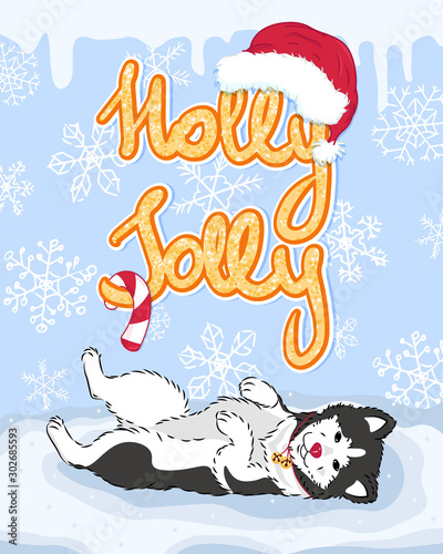 winter holidays holly jolly gold slogan new year and christmas greeting card with cute funny husky dog with santa hat and candy cane on blue background, editable vector illustration