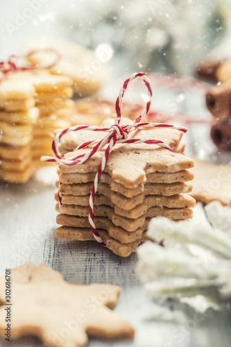 Christmas cookies stars as christmas decorations - Close up photo