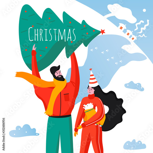 Merry Christmas greeting card with cute family and dog. Cute characters in travel. Man, woman, spitz in winter costume outdoor.