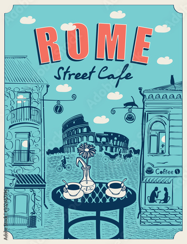 Vector banner or menu for Roman street cafe overlooking the Colosseum and old buildings, with a table for two in retro style on a blue background. Romantic cartoon illustration with Italian landscape