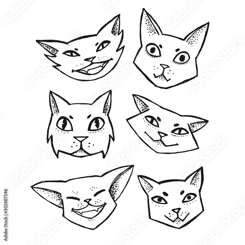 Hand drawn illustration with a six cat faces. Cat emotions set.  Ink drawn illustration.