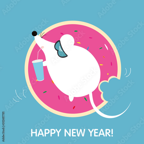 Cute cartoon rat with cocktail on a rubber circle from the donut. Cool mouse in glasses on the beach. Happy new year and Christmas. Year Of The Rat 2020. Holiday greeting card. Flat vector.
