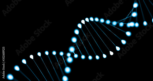 Papier peint DNA 3D loop, gene helix spiral, chromosome molecule cell of blue light on black background