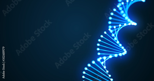 DNA helix spiral 3D loop, gene molecule or chromosome cell of blue light on black background. DNA molecule spiral, genome cell for molecular science and human genetic medicine technology