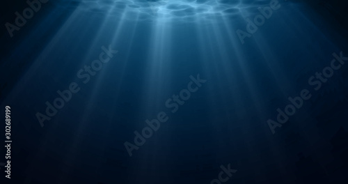 Underwater light, sun light shine under water with ripples on surface. Realistic sunlight under deep water with reflection, blue ocean or sea depth blue background