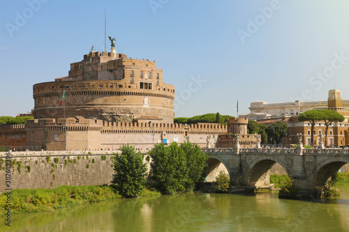 Castel Sant Angelo or Mausoleum of Hadrian with Ponte Sant Angelo bridge in Rome, Italy.