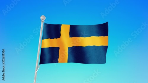 Sweden, flag of Sweden - national flag flying in the wind on a flagpole (against a blue clear sky). Animation, 4K footage. Beautiful state flag.