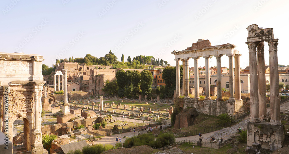 Panoramic view of Roman Forum at sunset in Rome, Italy.