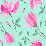Pink magnolia flowers blossom watercolor painting - hand drawn seamless pattern on green background	
