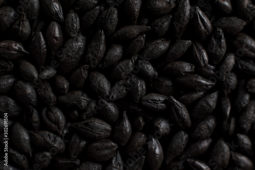 Black roasted malt for alcohol production. Roasted Barley background. Top view © Iulia
