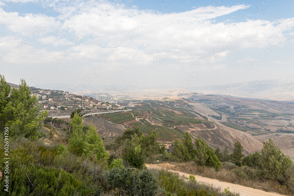 View  of the Lebanese part of the Golan Heights and the Upper Galilee from the Bania observation deck on the border of Israel and Lebanon near to Misgav Am village in northern Israel