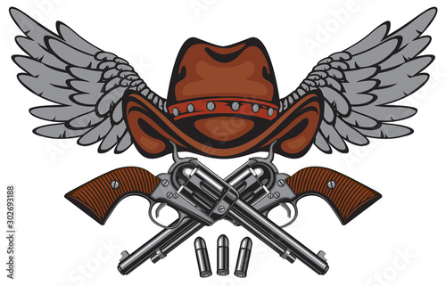 Vector banner with two big old revolvers, brown cowboy hat and wings isolated on white background. Banner on firearms and pistols theme. Design elements for logo, label, sign, t-shirt design, tattoo