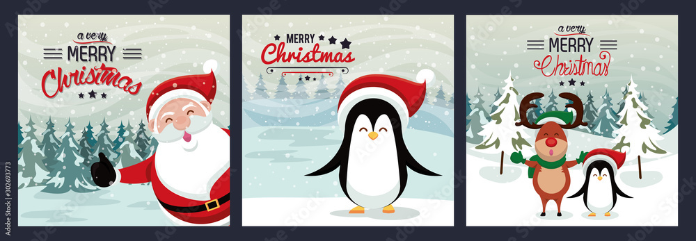 happy merry christmas card with cute characters - obrazy, fototapety, plakaty 