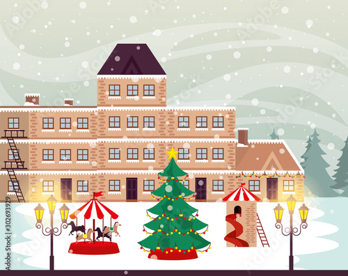 christmas winter street scene with carousel