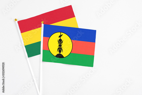 Free Download New Caledonia and Ghana stick flags on white background. High quality fabric, miniature national flag. Peaceful global concept.White floor for copy space. - GFXLoad