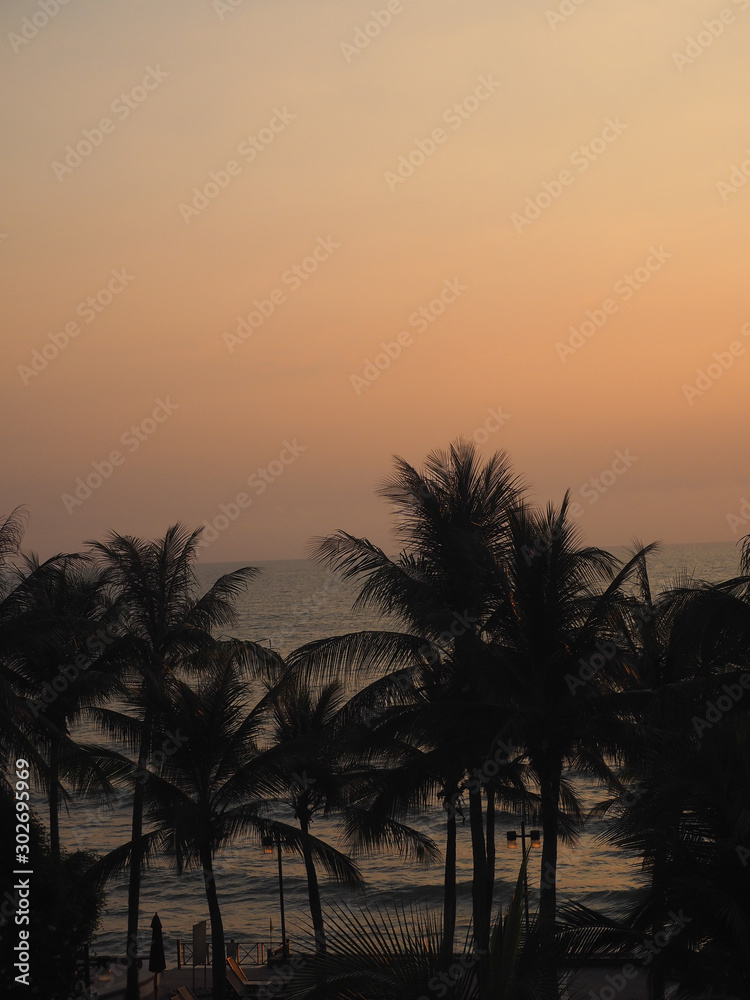 View of silhouette coconut trees against sunrise orange purple sky for Thailand travel background.