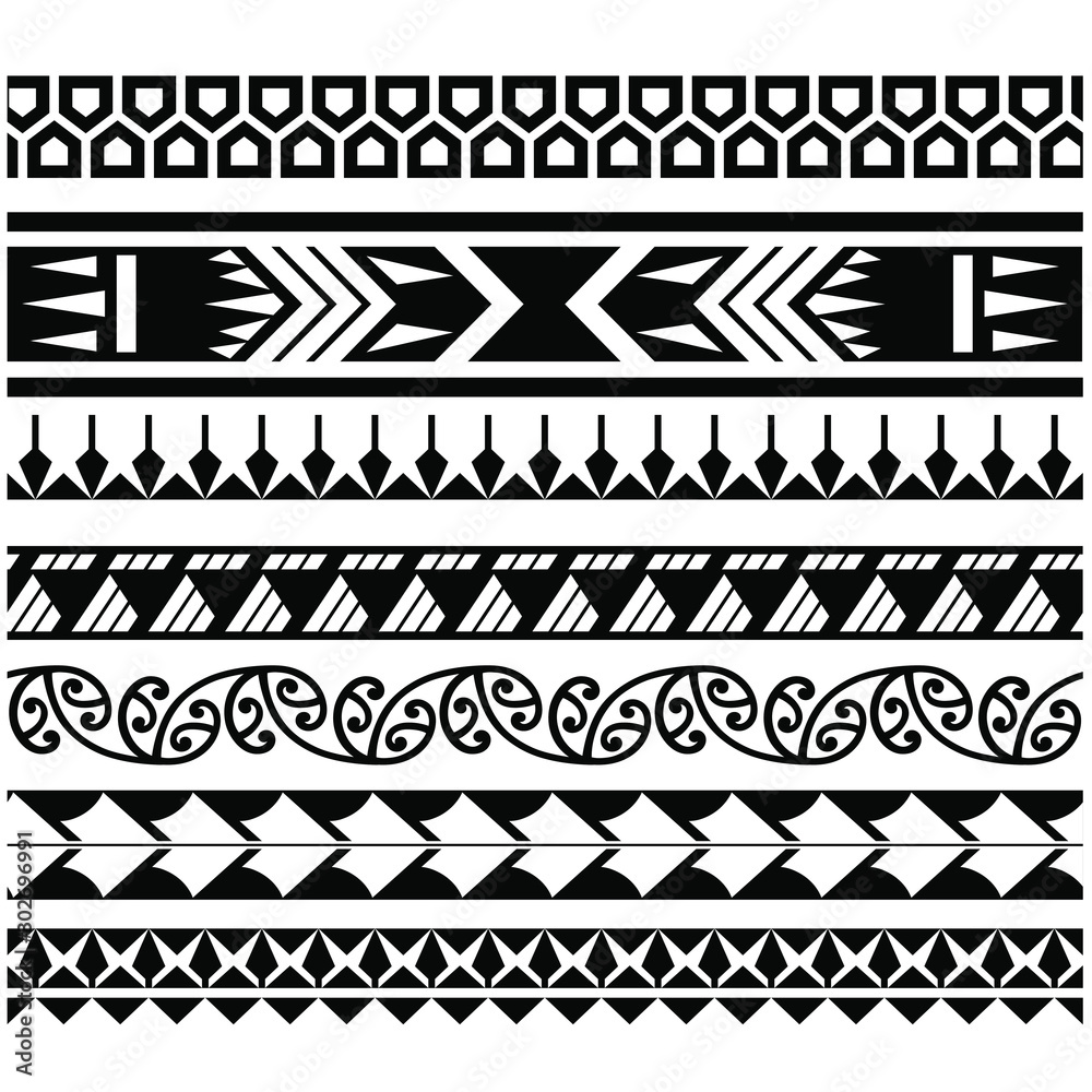 Polynesian tattoo. Set of ethnic seamless black and white borders ...