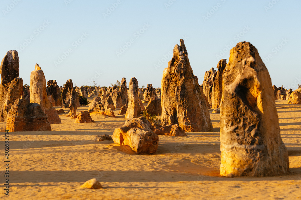 The Pinnacle Desert at sunset, limestone formations at Nambung National Park, Cervantes, Western Australia