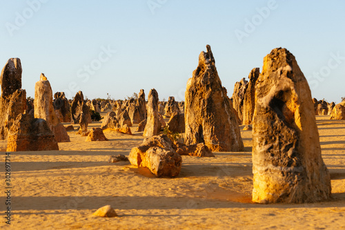 Obraz na płótnie The Pinnacle Desert at sunset, limestone formations at Nambung National Park, Cervantes, Western Australia w salonie