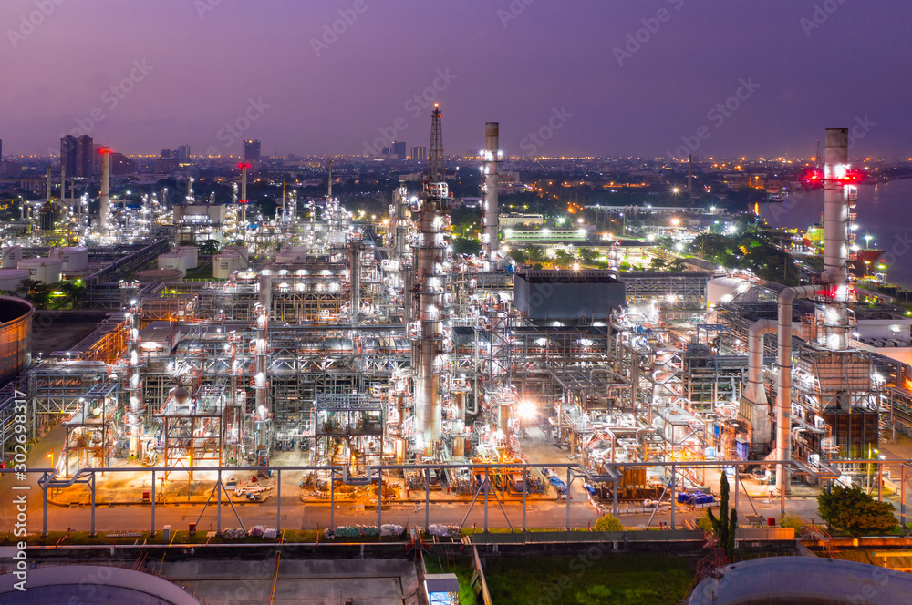 Aerial view of twilight of oil refinery ,Shot from drone of Oil refinery plant.