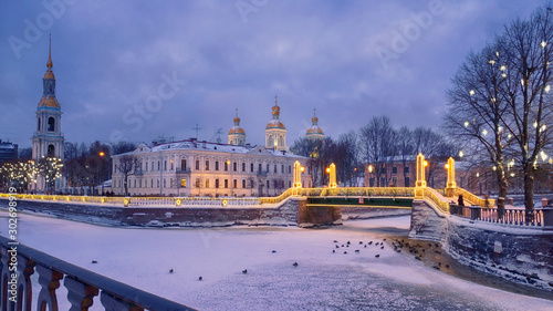 New Year and Christmas in the city of St. Petersburg. Russia. Decorations, lanterns, festoons on the streets in front of the Nicholas Naval Cathedral. Seven Bridges