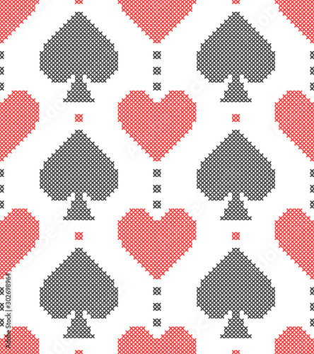 Card suits, diamonds, spades, hearts, clubs. Geometric background. Imitation cross stitch. Seamless decorative design.