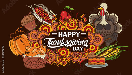 happy thanksgiving day card with turkey and vegetables