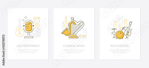 Musical instruments and concerts - vector line design style banners