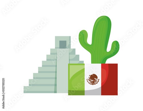 aztec temple with set of icons on white background