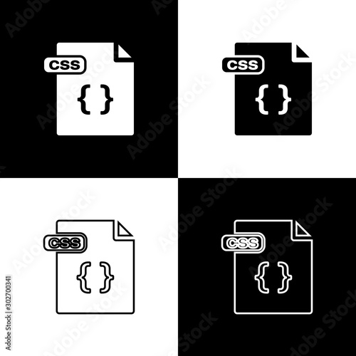 Set CSS file document. Download css button icon isolated on black and white background. CSS file symbol. Vector Illustration