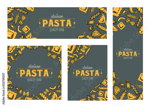 Pasta banners, cards design, vector hand drawn pasta elements design, set of various cards.