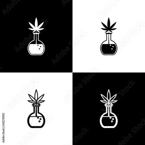 Set Chemical test tube with marijuana or cannabis leaf icon isolated on black and white background. Research concept. Laboratory CBD oil concept. Vector Illustration