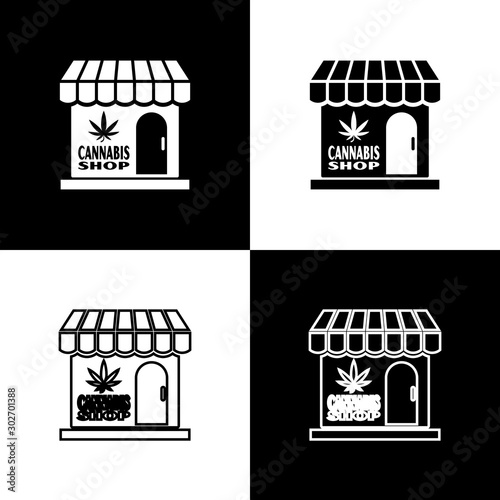 Set Marijuana and cannabis store icon isolated on black and white background. Equipment and accessories for smoking, storing medical cannabis. Vector Illustration