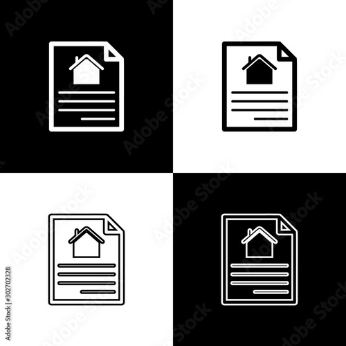 Set House contract icon isolated on black and white background. Contract creation service, document formation, application form composition. Vector Illustration