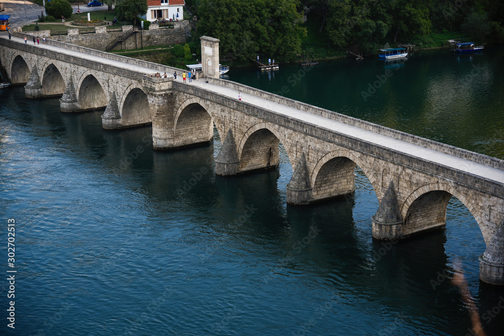 The Ottoman Mehmed Pasa Sokolovic Bridge over Drina river in Visegrad,  Bosnia and Herzegovina.