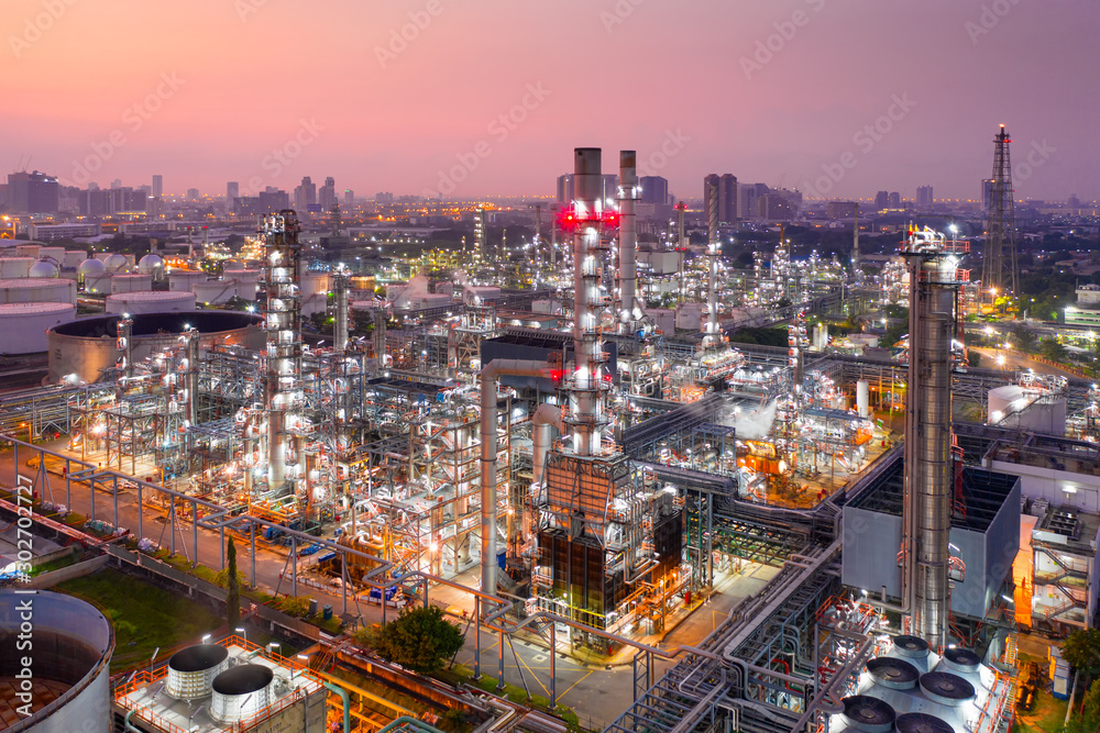 Aerial view of twilight of oil refinery ,Shot from drone of Oil refinery plant.