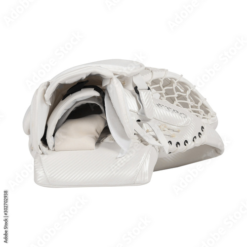 Fototapeta Naklejka Na Ścianę i Meble -  White ice hockey goalie catch glove isolated on white background.